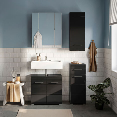 Ensemble 3 meubles + armoire de toilette décor noir brillant - KUEDA
