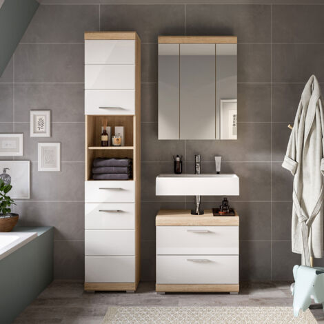 Ensemble 3 meubles de salle de bain chêne et blanc - LAMBY