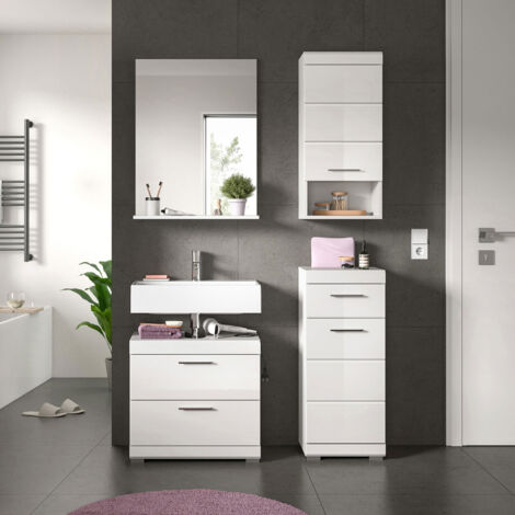 Ensemble 3 meubles salle de bain avec miroir blanc brillant - KAN