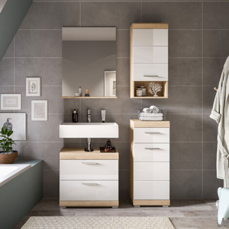 Ensemble 3 meubles salle de bain avec miroir chêne et blanc - LAMBY
