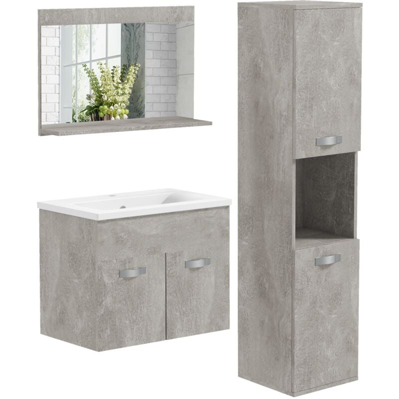 Ensemble 3 meubles salle de bain avec vasque - meuble sous-vasque suspendu, miroir, meuble colonne mural - aspect béton ciré