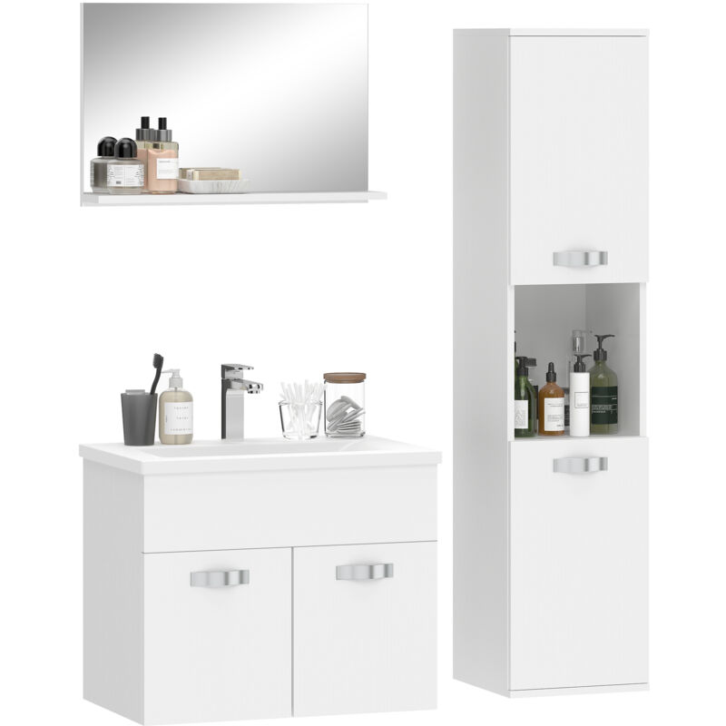 Ensemble de Meubles de Salle de Bain - kleankin - 4 Pièces - Mural - Miroir, Meuble sous Vasque, Lavabo et Armoire Haute - Blanc