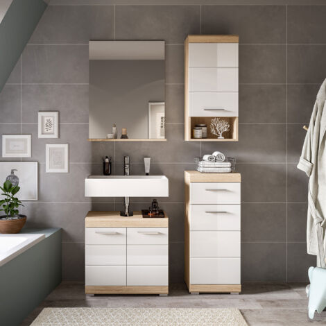 Ensemble 3 meubles salle de bain + miroir chêne et blanc - LAMBY