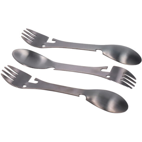 Ensemble 3 Pièces Couteau Cuillère Fourchette Multifonction 5 en 1 avec Ouvre-Boîte pour Randonnée