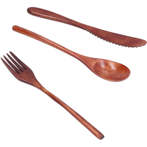 Ensemble 3 pièces couteau fourchette cuillère en bois portable pour dessert maison hôtel