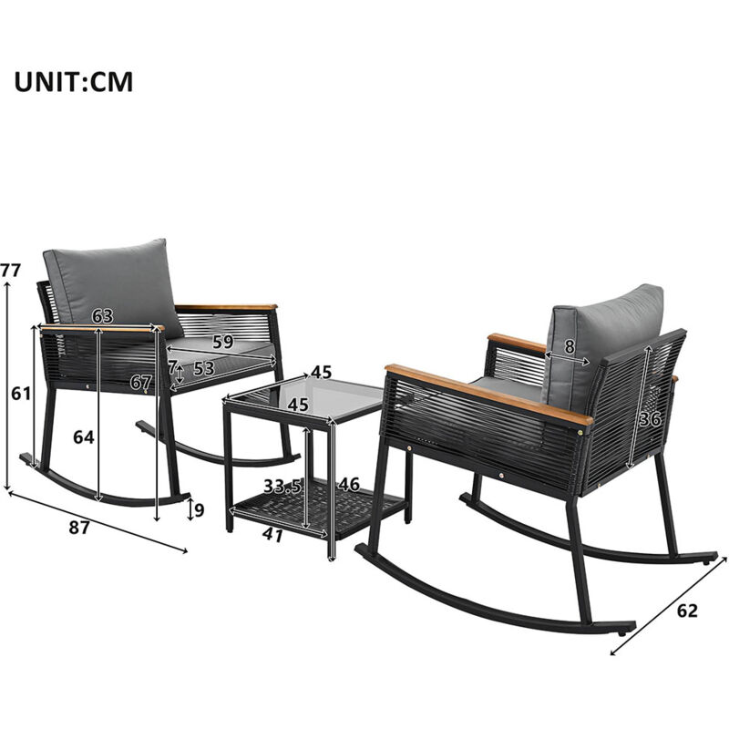 Ensemble 3 pièces, set bistrot avec coussin d'assise et dossier adapté pour le jardin, terrasse