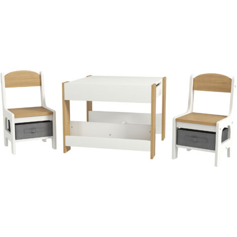 Ensemble 3 pièces table et 2 chaises pour enfant avec plateau réversible tableau noir, panier de rangement, étagères