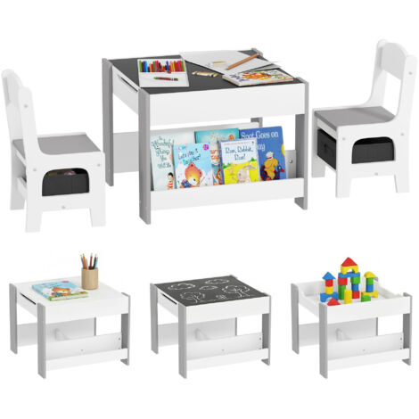 Ensemble 3 pièces table et 2 chaises pour enfant avec plateau réversible tableau noir, panier de rangement, étagères-Gris
