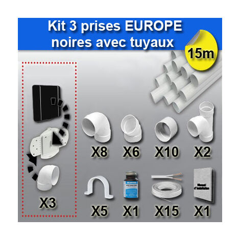 Ensemble 3 prises europe avec tuyaux - couleur au choix - noir
