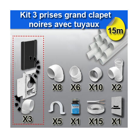 Ensemble 3 prises grand clapet avec tuyaux - couleur au choix - noir