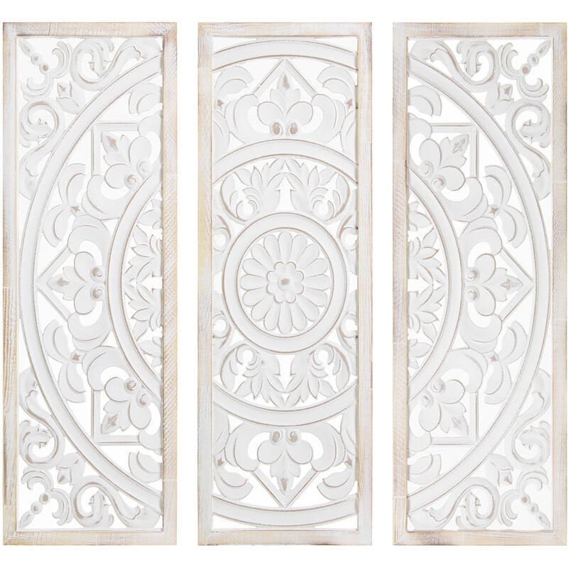 Lot de 3 Retables Bois Ajouré 30X90 Cm Décapé Blanc, Triptyque 90X2X90 Cm Composition Finale