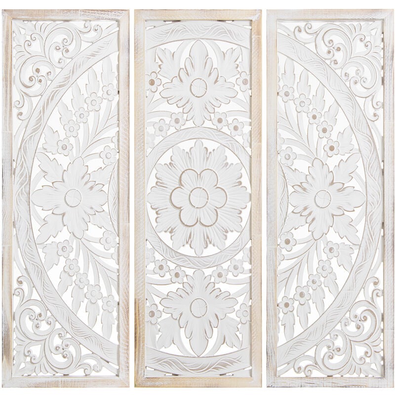 Lot de 3 Retables Bois Ajouré 30X90 Cm Décapé Blanc, Triptyque 90X2X90 Cm Composition Finale