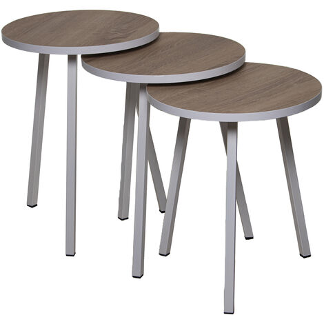 Ensemble 3 Tables Auxiliaires. Pieds Métal Blanc Bois °38X51+°38X48+°38X45 Cm