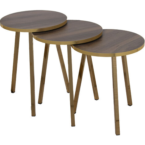 Ensemble 3 Tables Auxiliaires. Pieds Métal Doré, Bois Couleur Noyer °38X51+°38X48+°38X45 Cm