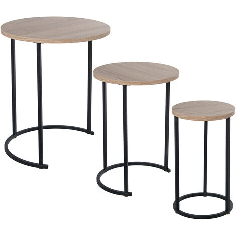 Ensemble 3 Tables Auxiliaires. Pieds Métal Noir sur Bois Chêne °48X58+°38X53+°28X48 Cm