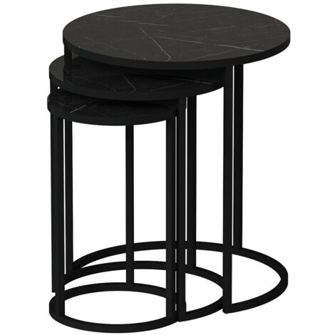 Ensemble 3 tables basses gigognes rondes Guiril Métal Noir et Bois Effet marbre Noir