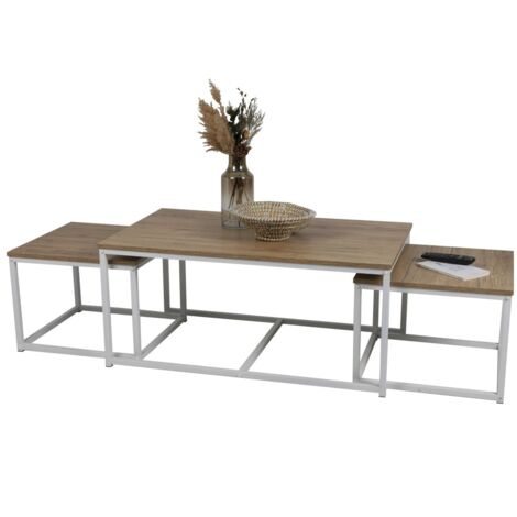 Ensemble 3 tables d'appoint gigognes carrées PUEBLO – Style industriel – Chêne foncé et blanc