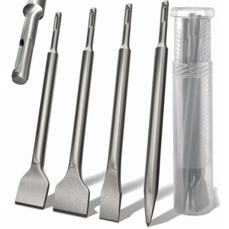 Ensemble 4 de burins SDS Plus- manche rond, marteau électrique, burin rond à quatre pointes, burin incurvé 142 x 250, burin plat extra large