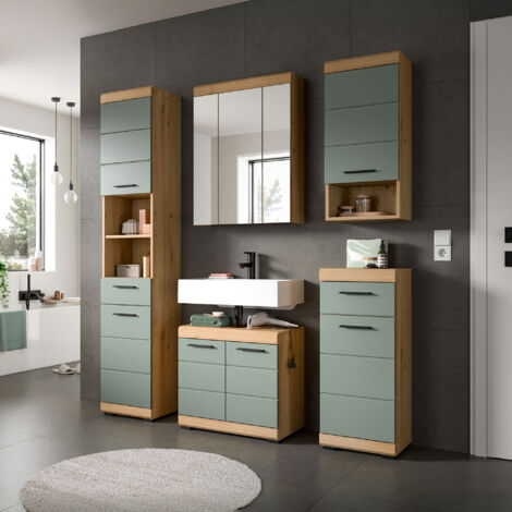 Ensemble 4 meubles + armoire de toilette chêne brun et kaki - OLBO