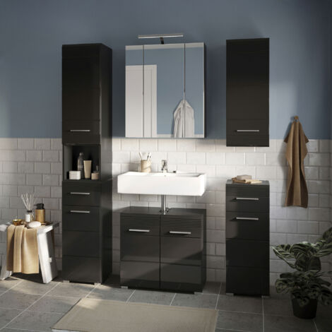 Ensemble 4 meubles + armoire de toilette décor noir brillant - KUEDA