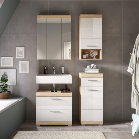 Ensemble 4 meubles de salle de bain chêne et blanc - LAMBY