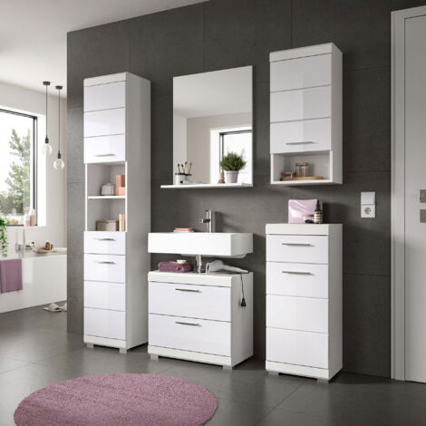 Ensemble 4 meubles salle de bain avec miroir blanc brillant - KAN