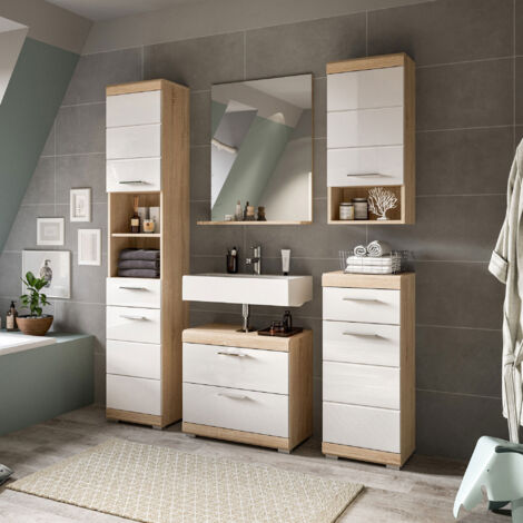 Ensemble 4 meubles salle de bain avec miroir chêne et blanc - LAMBY