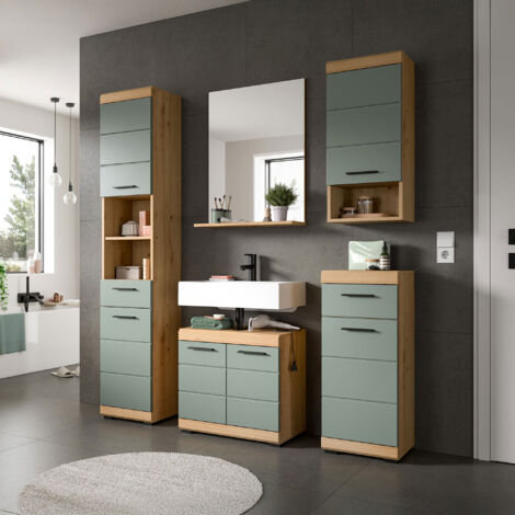 Ensemble 4 meubles salle de bain + miroir chêne brun et kaki - OLBO