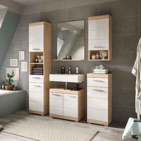 Ensemble 4 meubles salle de bain + miroir chêne et blanc - LAMBY