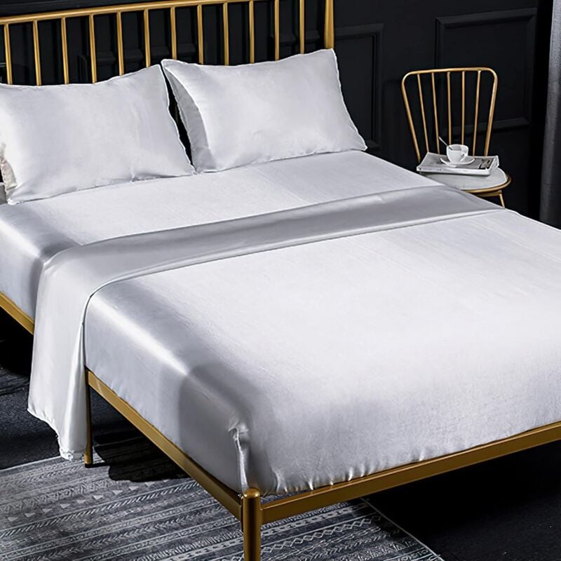 Ensemble 4 Pièces de Draps de Lit en Satin Couleur Unie 1 x Drap Housse 198203 cm 2 Personnes avec Grand Bonnet de 35 cm, 1 x Drap Plat et 2 x Taie