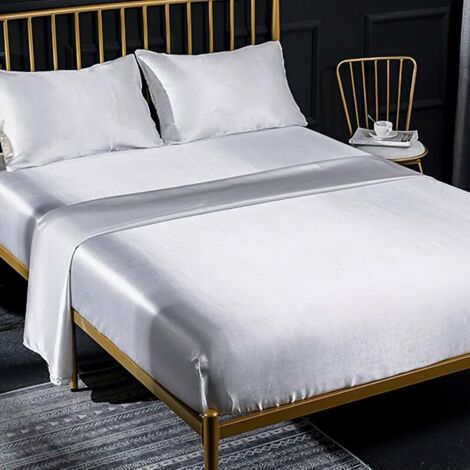 Ensemble 4 Pièces de Draps de Lit en Satin Couleur Unie 1 x Drap Housse 198203 cm 2 Personnes avec Grand Bonnet de 35 cm, 1 x Drap Plat et 2 x Taie d'oreiller, Blanc