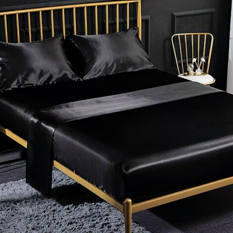 Ensemble 4 Pièces de Draps de Lit en Satin Couleur Unie 1 x Drap Housse 198203 cm 2 Personnes avec Grand Bonnet de 35 cm, 1 x Drap Plat et 2 x Taie d'oreiller, Noir