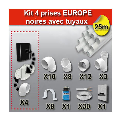 Ensemble 4 prises europe avec tuyaux - couleur au choix - noir