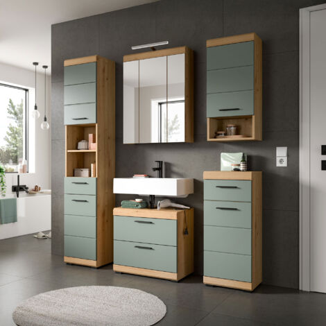 Ensemble 5 meubles de salle de bain chêne brun et kaki + lampe - OLBO