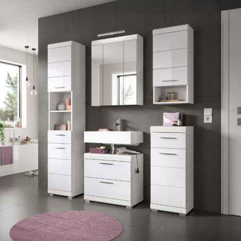 Ensemble 5 meubles de salle de bain + lampe blanc brillant - KAN