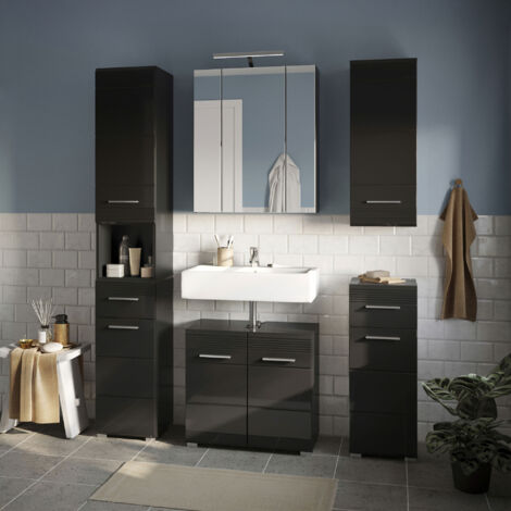 Ensemble 5 meubles de salle de bain + lampe noir brillant - KUEDA