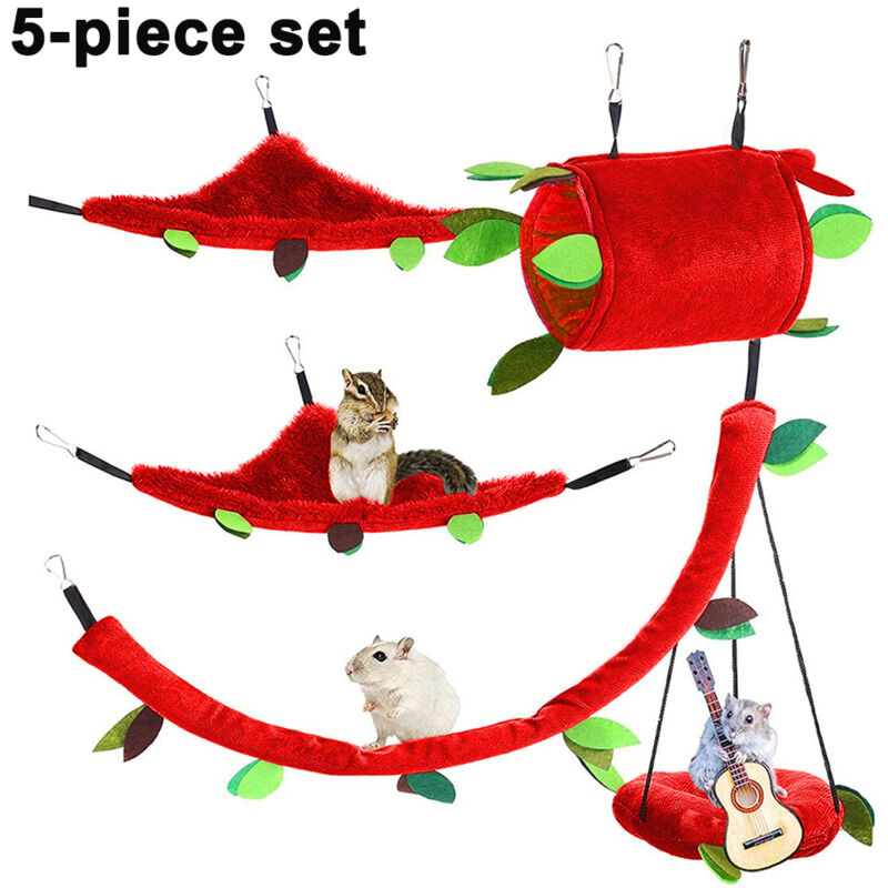 Ensemble 5 pièces pour hamster : hamac, maisonnette, tunnel, balançoire, feuille suspendue