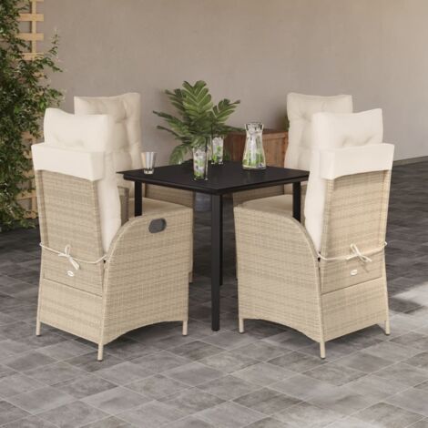 Ensemble 5 pièces salle à manger jardin en résine tressée beige avec coussins et table en verre 80x80 cm