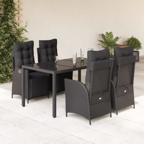 Ensemble 5 Places Noir à Manger Jardin Table 150x90 cm 4 Fauteuils inclinables Résine Tressée Coussins Lavebles