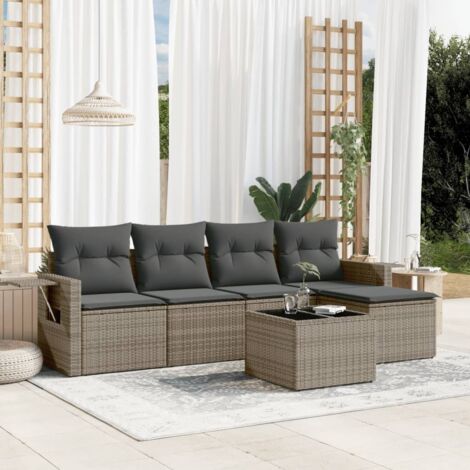 Ensemble 5 places salon jardin en résine tressée noir avec coussins crème, mobilier patio modulaire