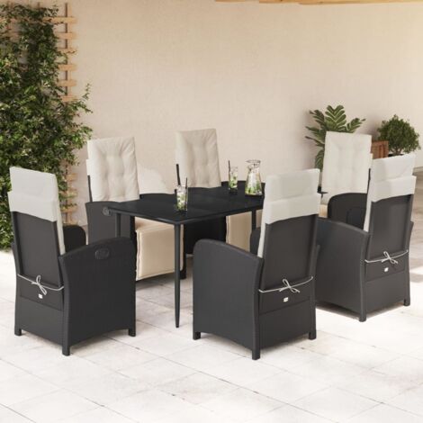 Ensemble 6 chaises inclinables + table jardin résine tressée noir avec coussins blancs 7 pièces