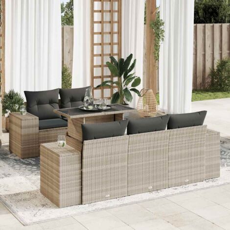 Ensemble 6 pièces salon jardin gris clair résine tressée table réglable coussins lavables et rangement