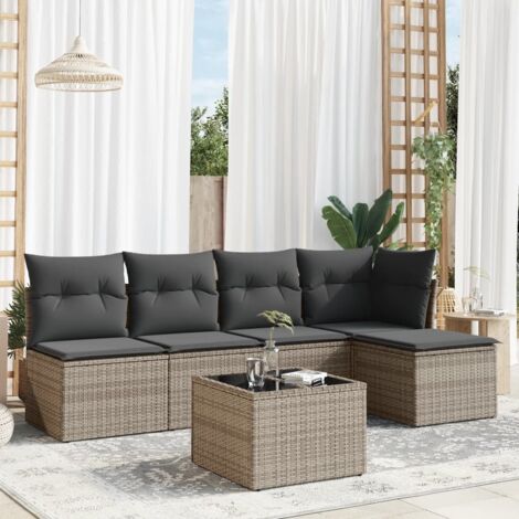 Ensemble 6 places salon de jardin résine tressée gris avec coussins amovibles et table verre trempé - Confortable et durable pour terrasse, patio ou jardin