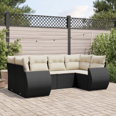 Ensemble 6 places salon jardin noir résine tressée avec coussins crème - Canapé modulaire terrasse