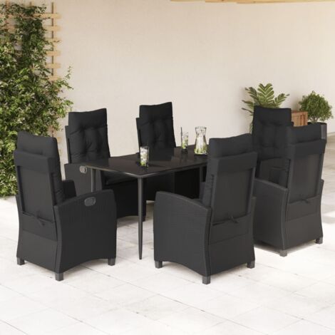 Ensemble 7 pièces Mobilier Jardin Noir Résine Tressée avec Table en Verre et Chaises Relax