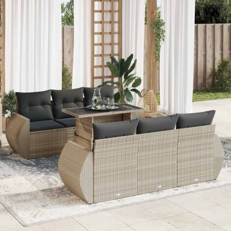 Ensemble 7 Pièces Salon de Jardin en Résine Tressée Gris Clair avec Coussins, Table Réglable et Espace de Rangement Intégré