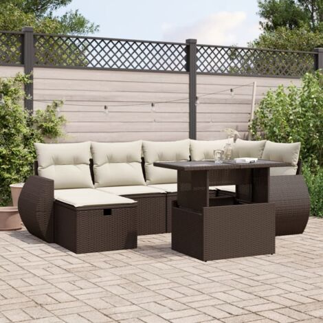Ensemble 7 pièces Salon Jardin Résine Tressée Marron avec Coussins Lavables, Table Verre Tre