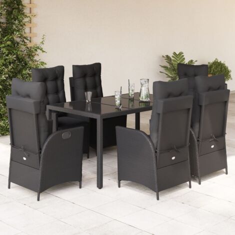 Ensemble 7 places de jardin avec table verre 190x90cm et 6 chaises relax en résine tressée noire