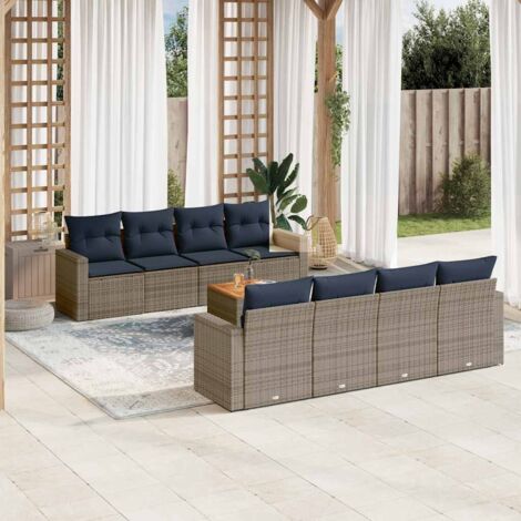Ensemble 9 pièces Salon Jardin Gris Résine Tressée avec Coussins Bleu Marine, Table Acacia et Rangement
