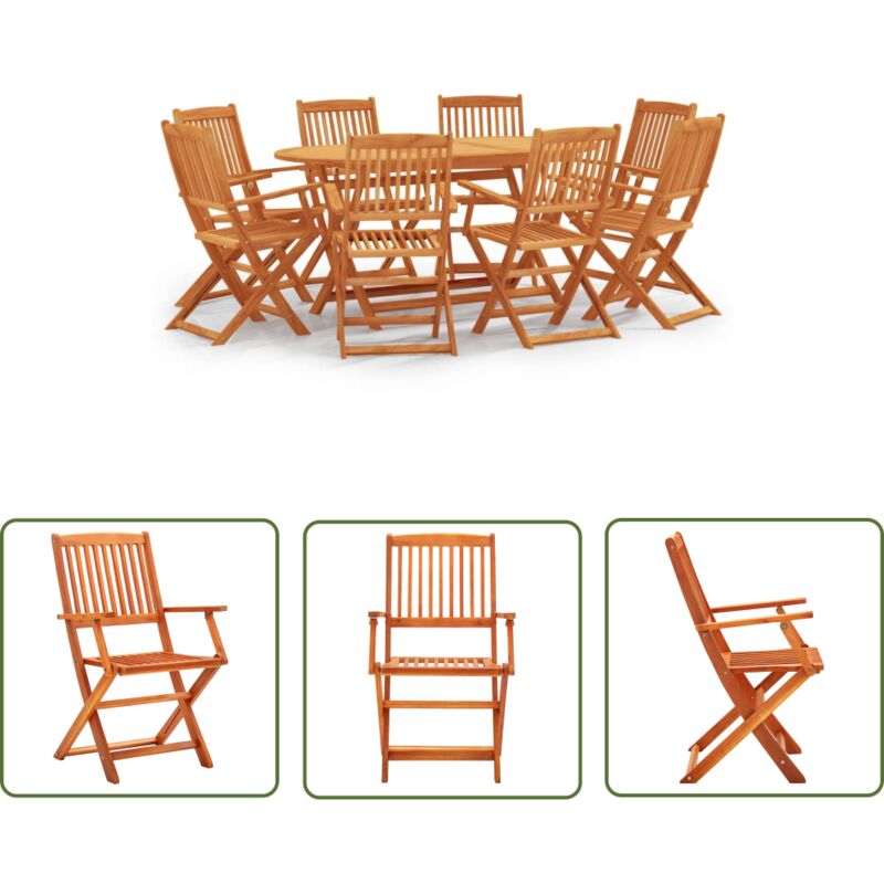 The Living Store Ensemble à manger d'extérieur pliable 9 pcs Bois d'eucalyptus - Meubles De Jardin - Salon De Jardin - Set De Table - Ensemble Repas